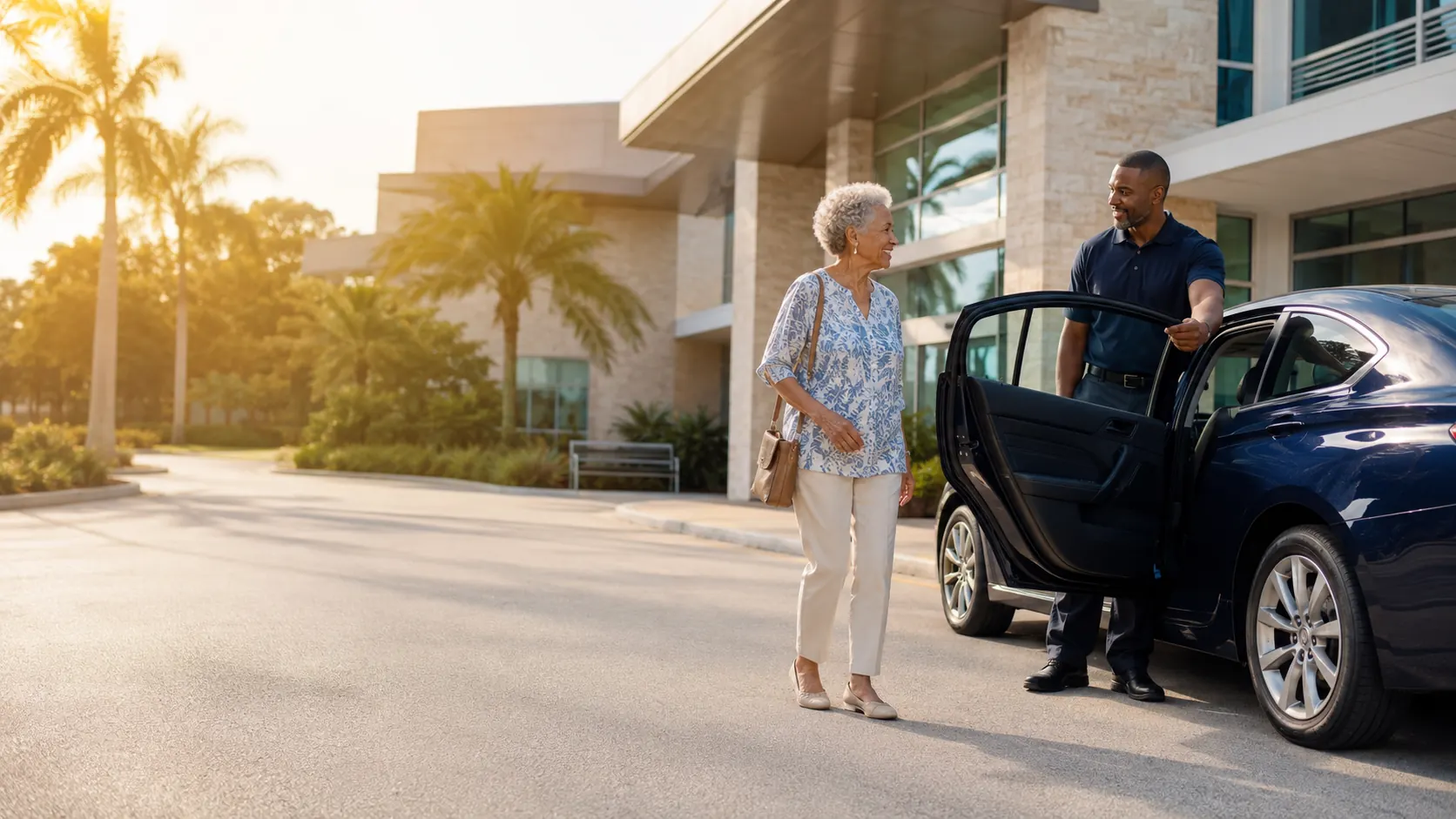 Wavz Ride driver welcoming an older passenger beside a vehicle
